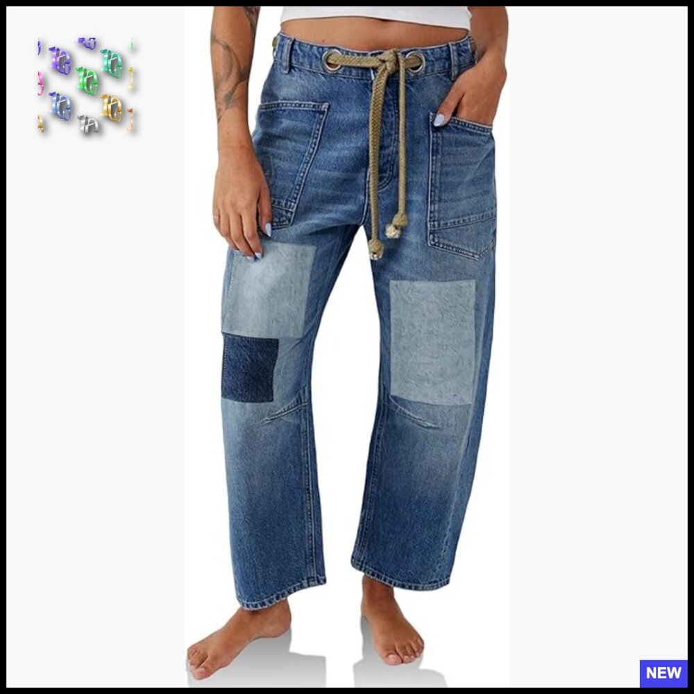 Wide Leg Barrel Jeans Low Rise Patchwork Denim Pants Y2k Chic Retro Style